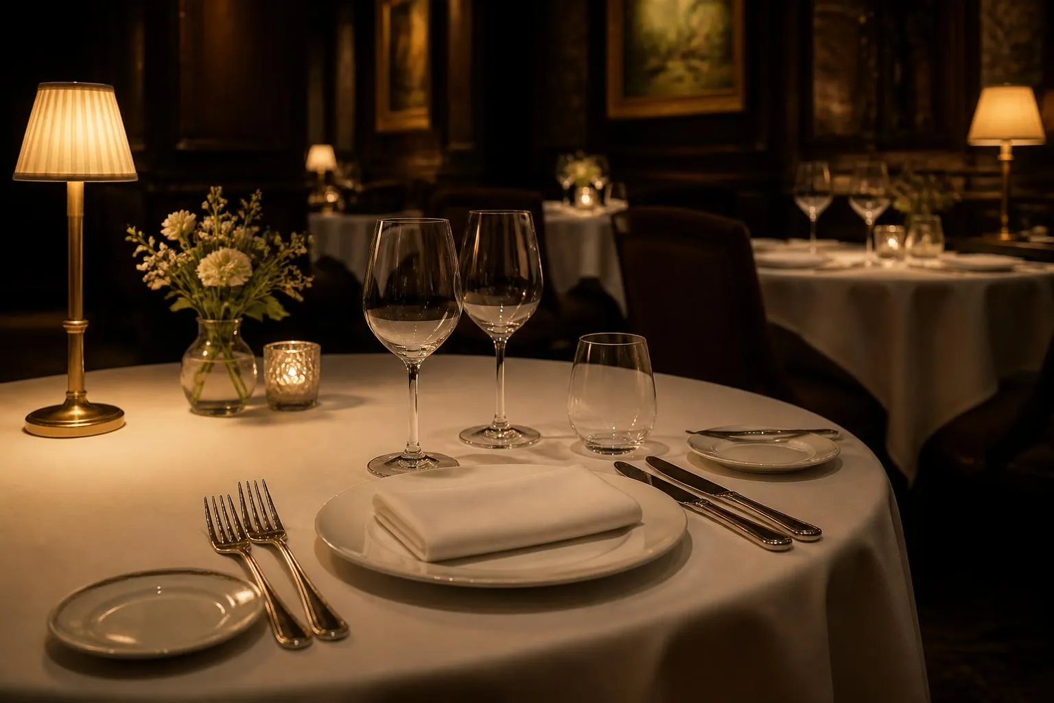 une table de restaurant dressée, nappe blanche, couverts en argent et verre à pied, lumière tamisée
