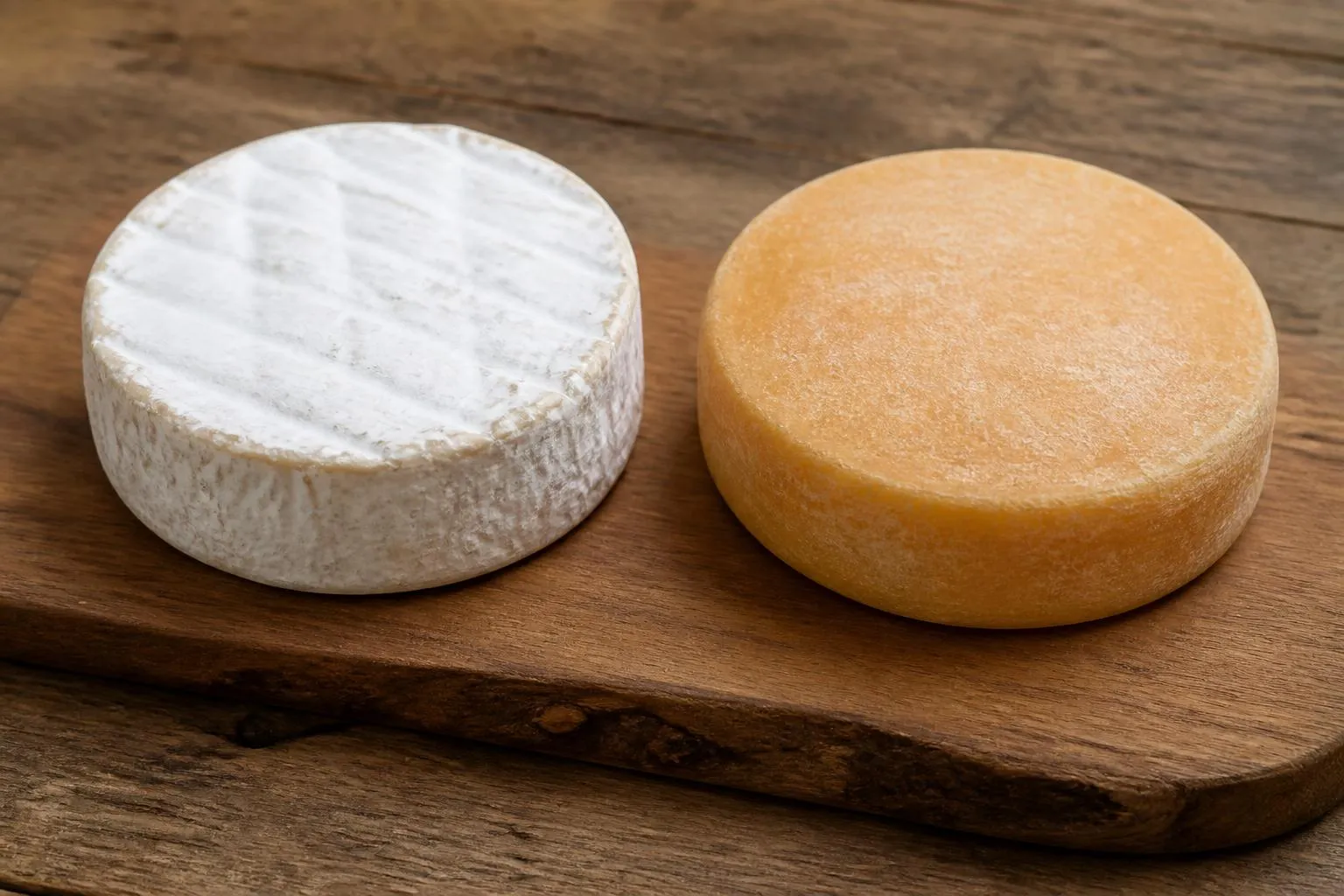 deux fromages ronds posés sur une planche en bois, l'un à croûte blanche fleurie, l'autre à croûte fine et dorée, sans étiquette visible