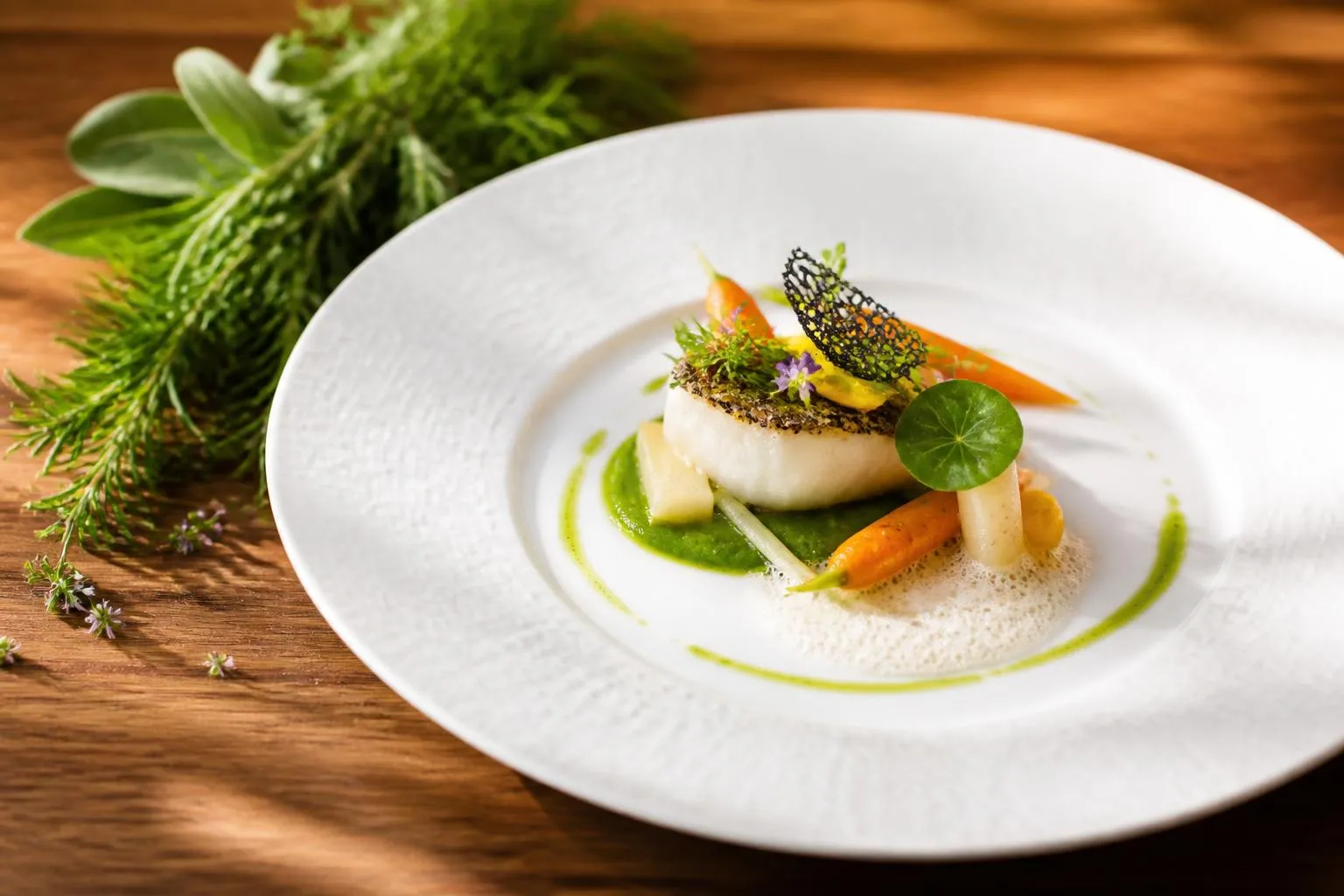 une assiette de haute gastronomie sur une table en bois noble, herbes aromatiques fraîches posées à côté, lumière naturelle
