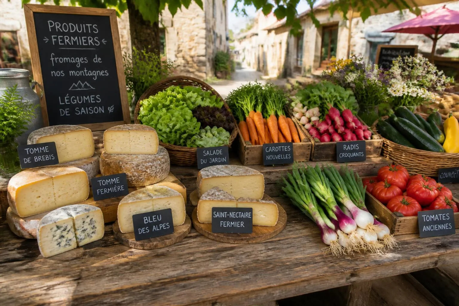 un étal de marché en extérieur avec des fromages fermiers et des légumes de saison posés sur une table en bois