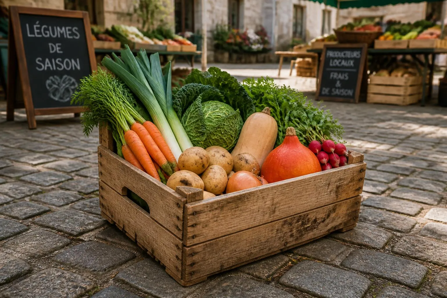 un cageot en bois rempli de légumes de saison posé sur le pavé d'une place de marché