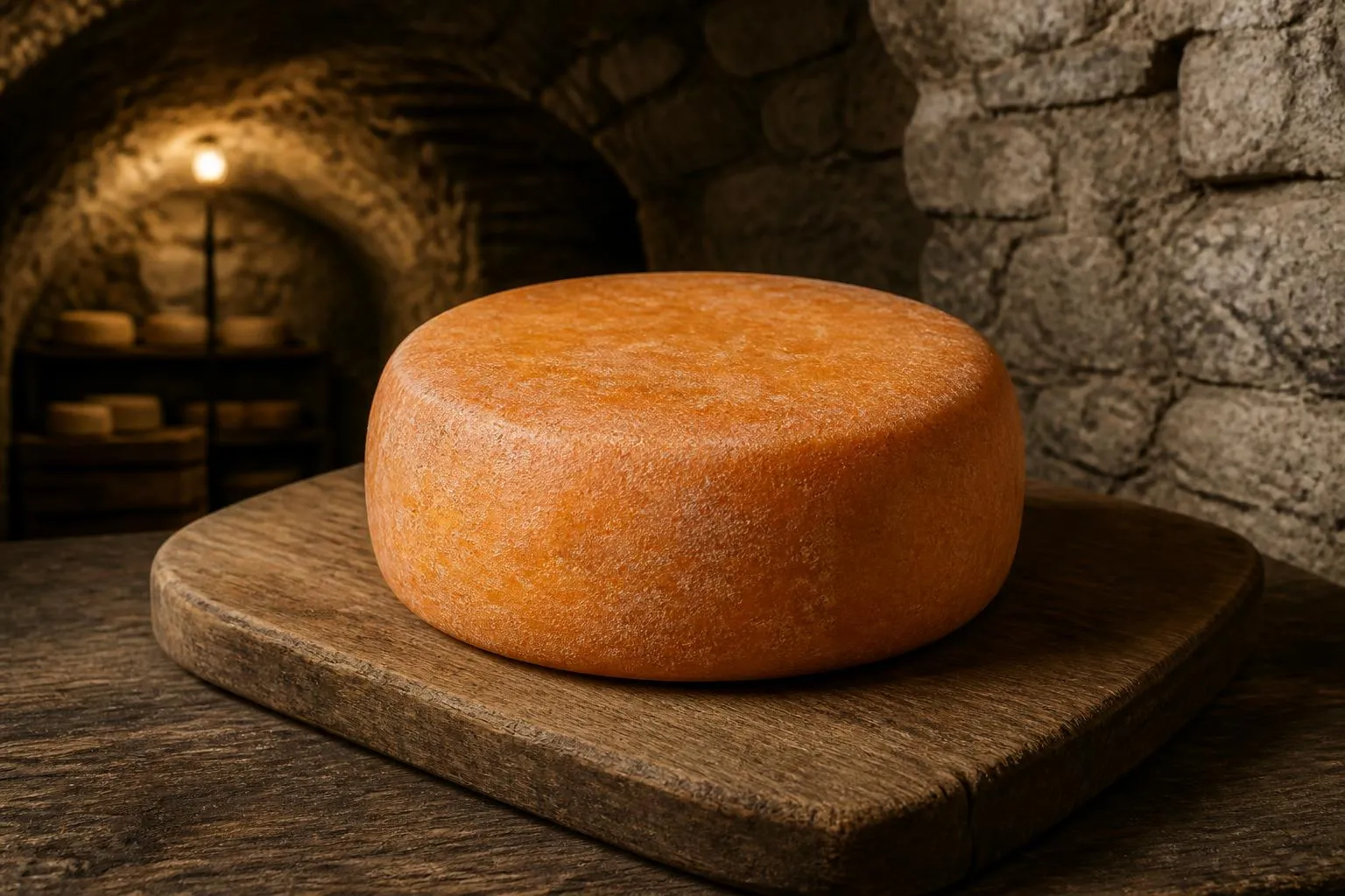 une meule de fromage à croûte orangée posée sur une planche en bois, dans une cave de pierre