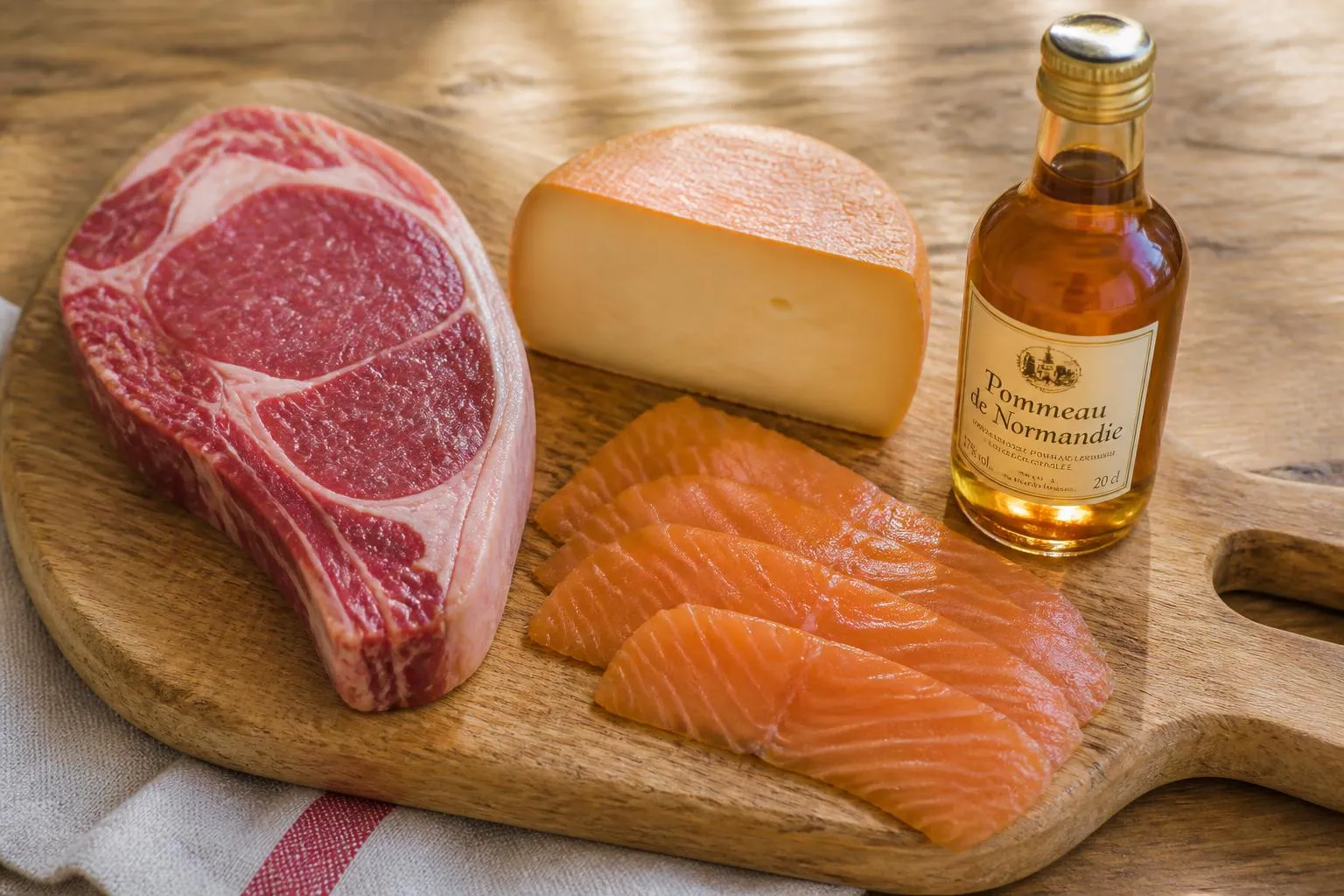 une planche en bois avec une entrecôte crue, un morceau de Port-Salut à croûte orange, un filet de truite fumée tranché et une petite bouteille de pommeau ambré, éclairage naturel