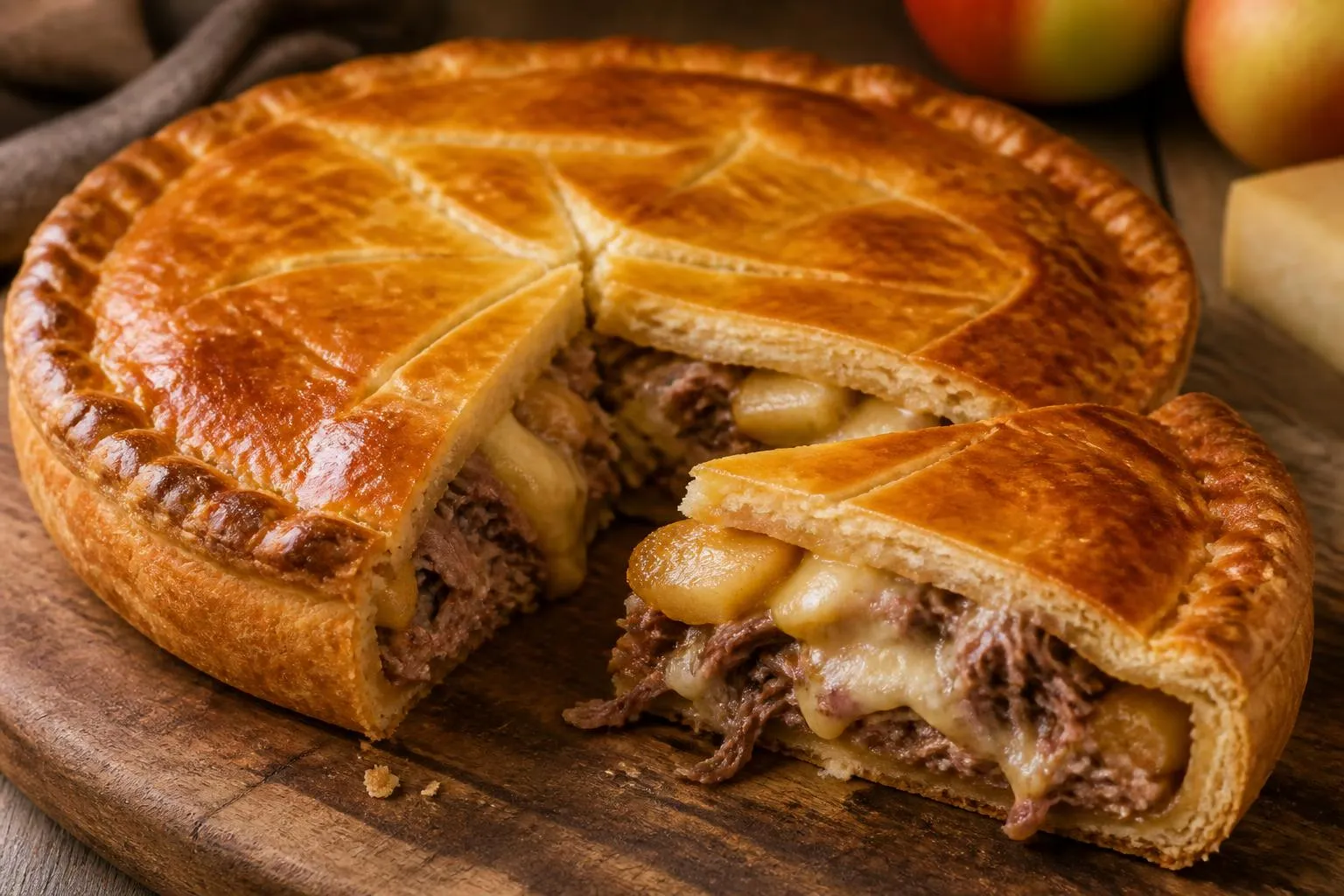 une tourte en pâte brisée dorée, coupée en part, laissant voir la garniture de viande effilochée, de pommes et de fromage fondu